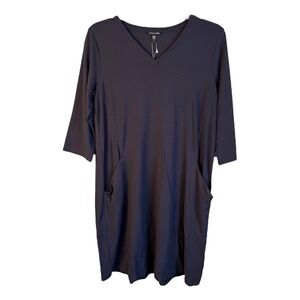 Eileen Fisher Size Medium‎ A line V Neck Gray Stretch Jersey Knit Dress Pockets